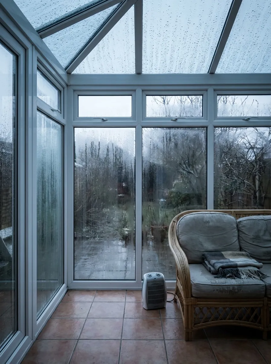 A cold conservatory with heavy condensation and a fan heater in winter
