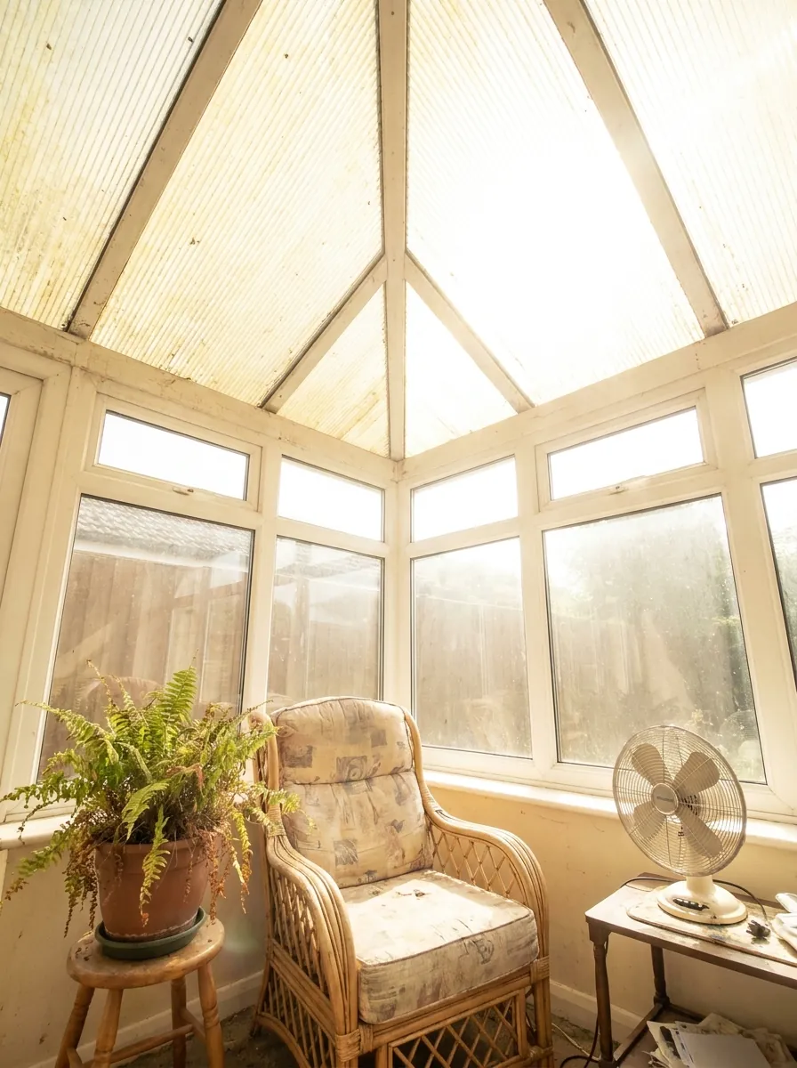 A conservatory baking under a tired yellowed polycarbonate roof in summer
