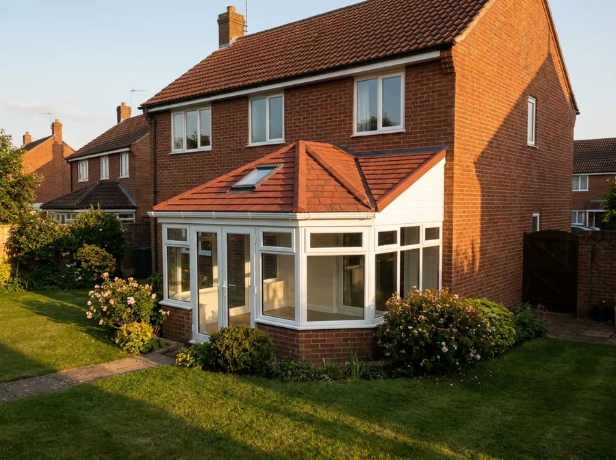 New rustic-red lightweight tiled conservatory roof on a British brick house