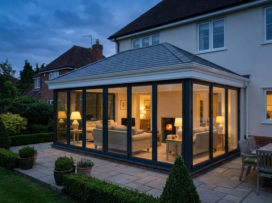 Full conservatory renewal with insulated roof, cornice trim and anthracite frames at dusk