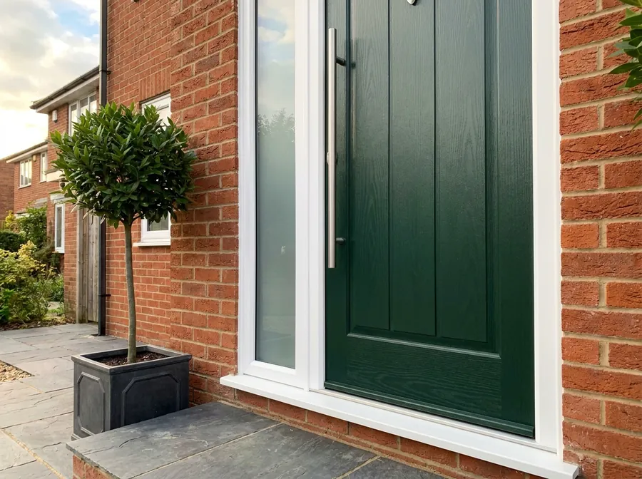New forest-green composite front door with a brushed steel bar handle