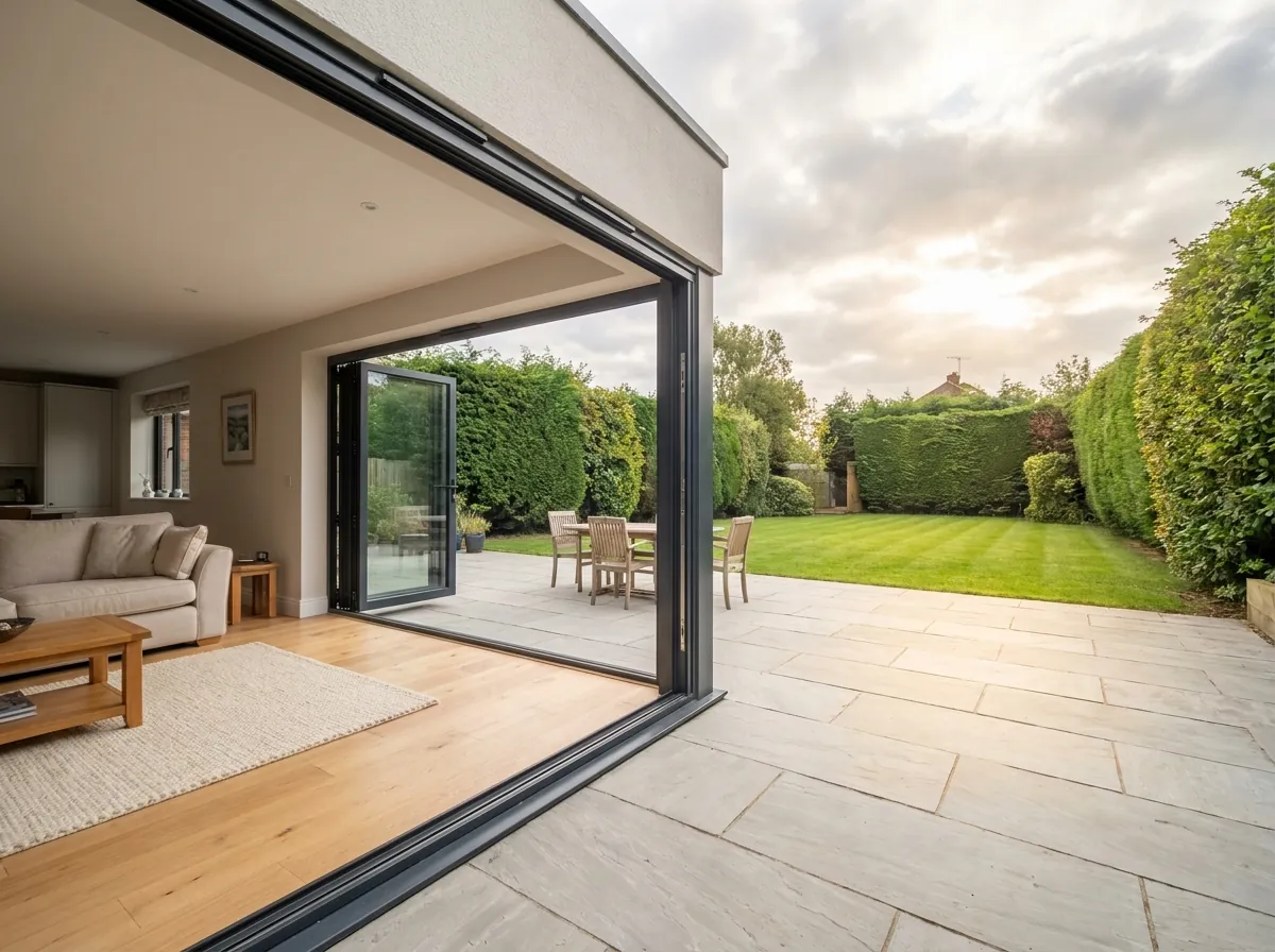 Anthracite aluminium bi-fold doors opening onto a garden patio