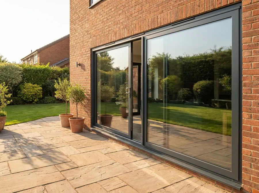 New anthracite aluminium sliding patio doors open onto a stone patio