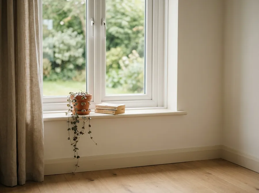 New white uPVC window with a deep painted sill in a cosy living room