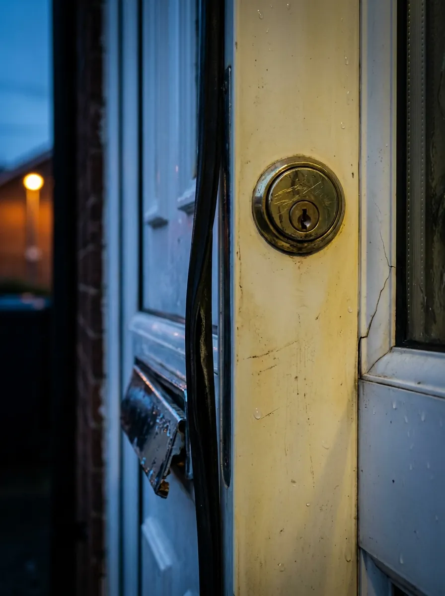 A worn lock cylinder on an old door, the security weak point new multi-point locking replaces